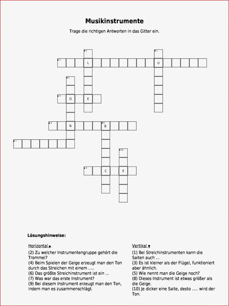 Kreuzworträtsel "musikinstrumente " Als Pdf Arbeitsblatt