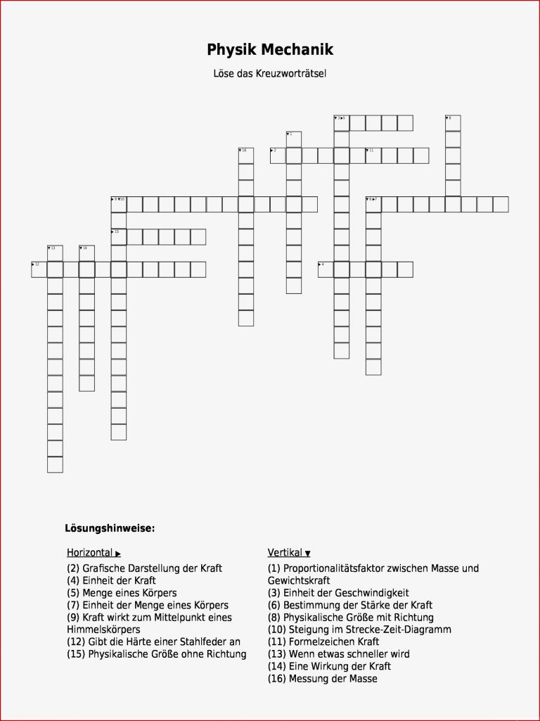 Kreuzworträtsel "physik Mechanik" Als Pdf Arbeitsblatt