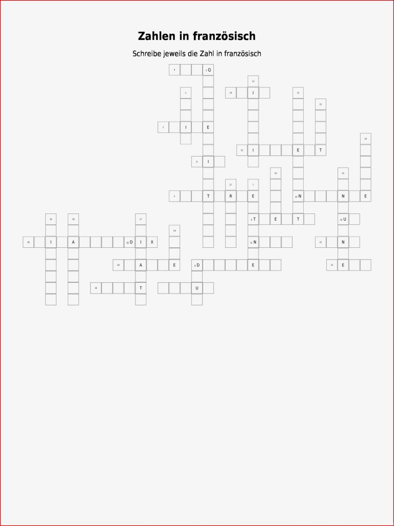 Kreuzworträtsel "zahlen In Französisch" Als Pdf