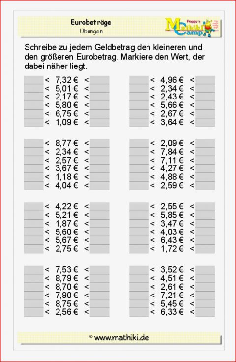 Lade Dir Das Arbeitsblatt "eurobeträge Klasse 3 " Mit