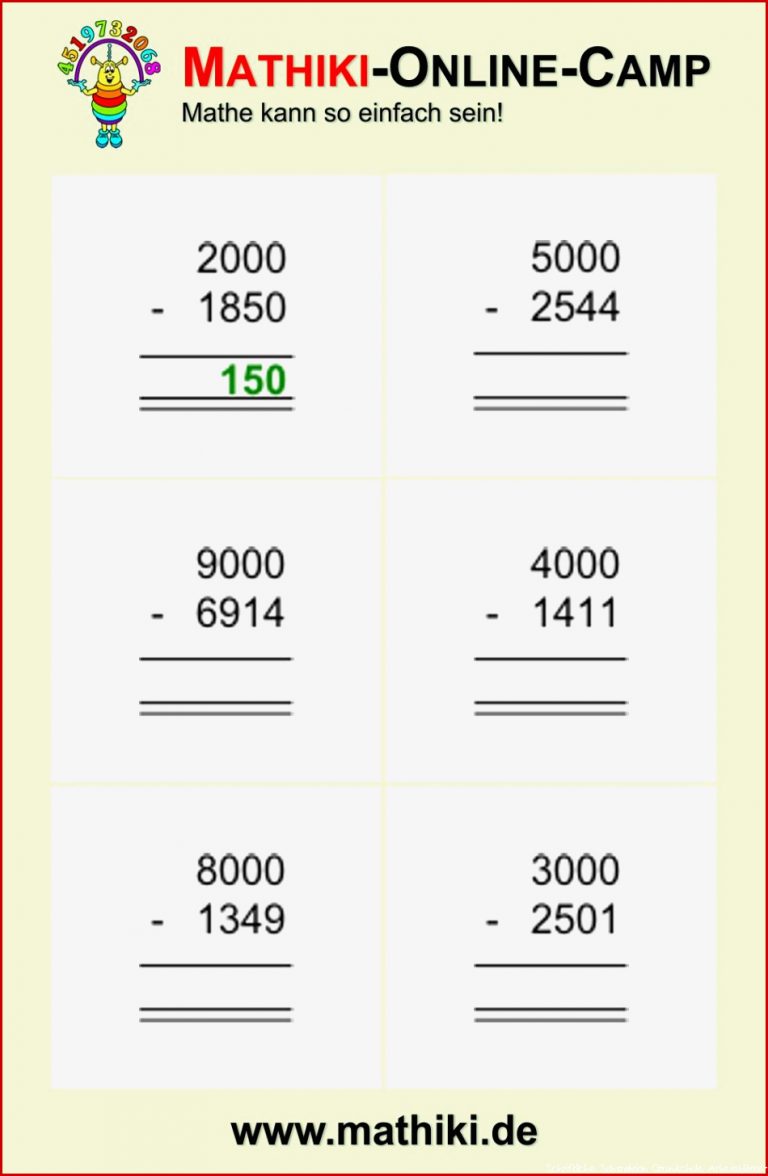 Lade Dir Das Arbeitsblatt "schriftliche Subtraktion Bis