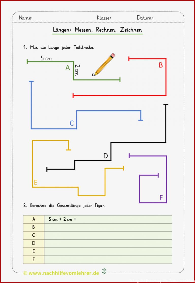 Längen Messen Rechnen Zeichnen Kostenloses Arbeitsblatt Für Grundschule