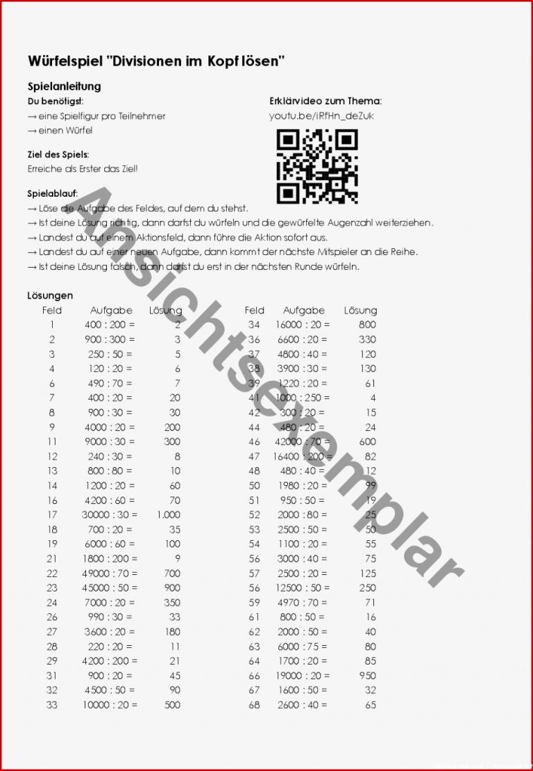 Lernspiel "divisionen Im Kopf Lösen Würfelspiel