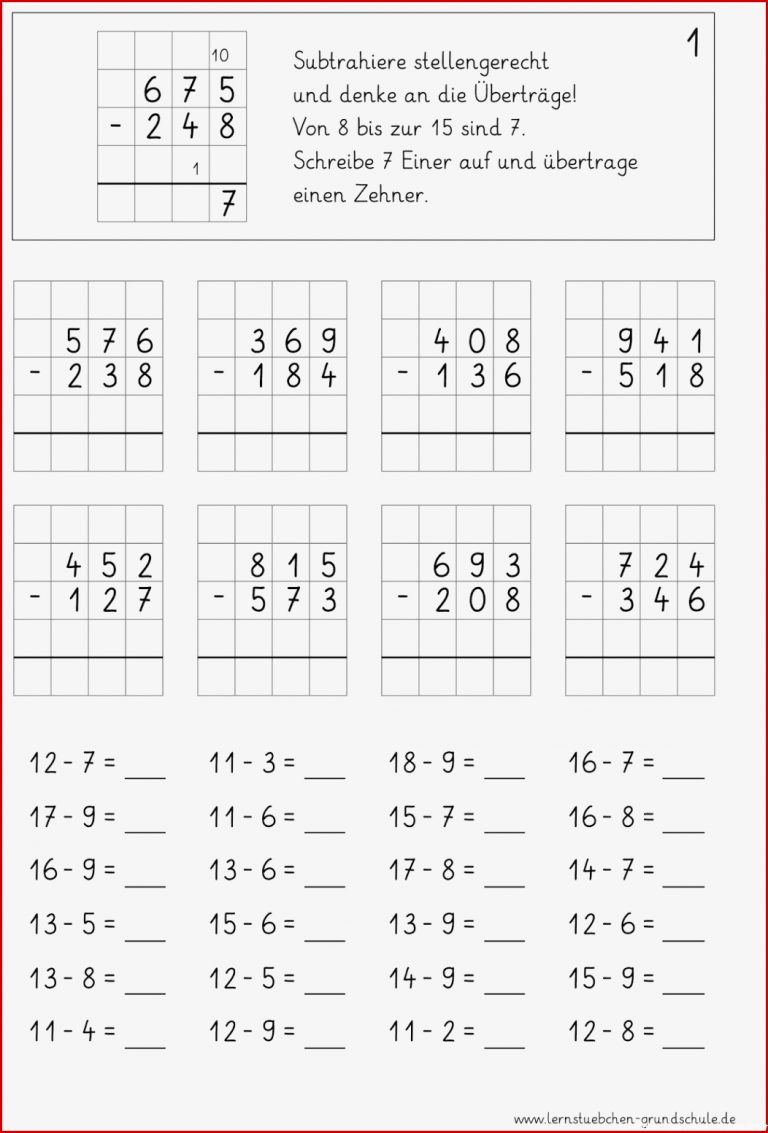 Lernstübchen Schriftliche Subtraktion Wiederholen