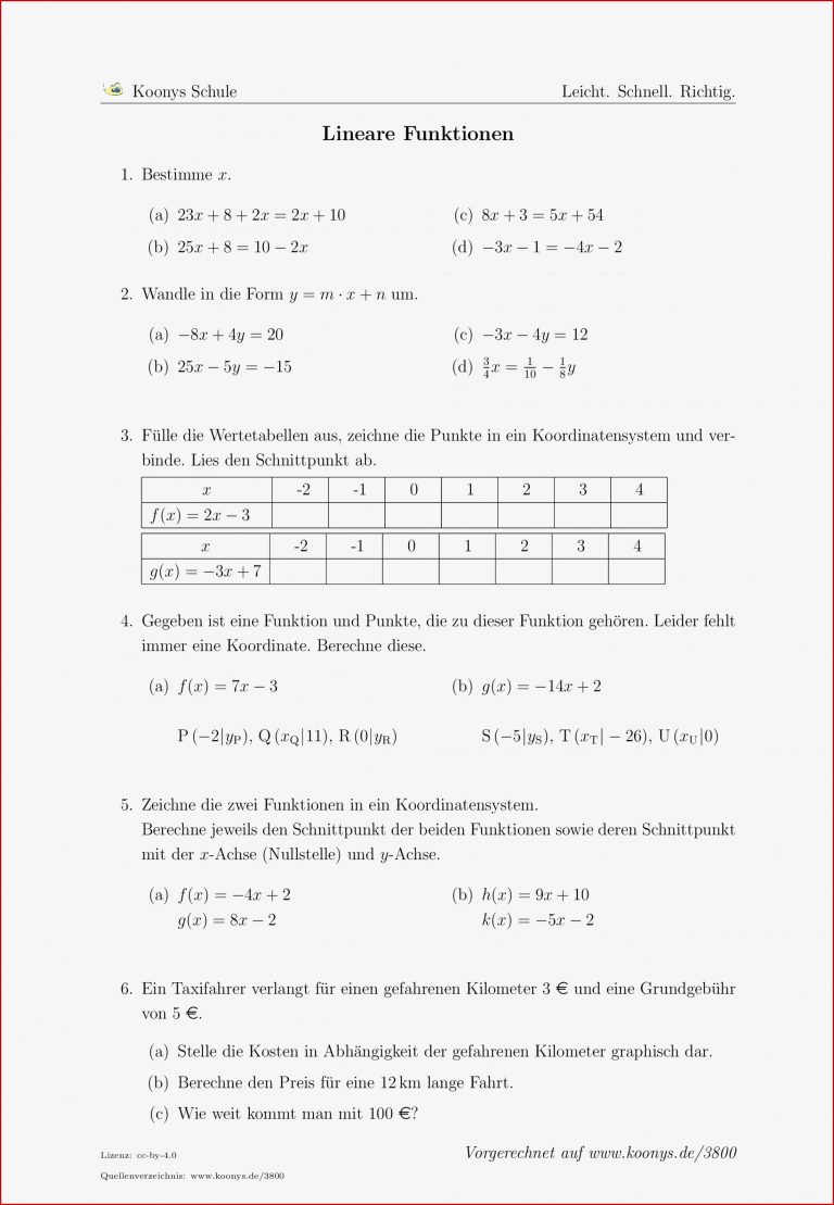 Lineare Funktionen Aufgaben Mit Lösungen Klasse 8 Pdf