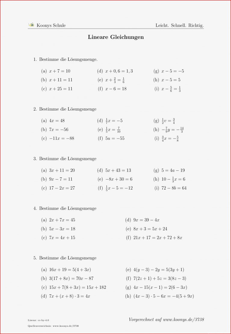 Lineare Gleichungen Arbeitsblatt 3738