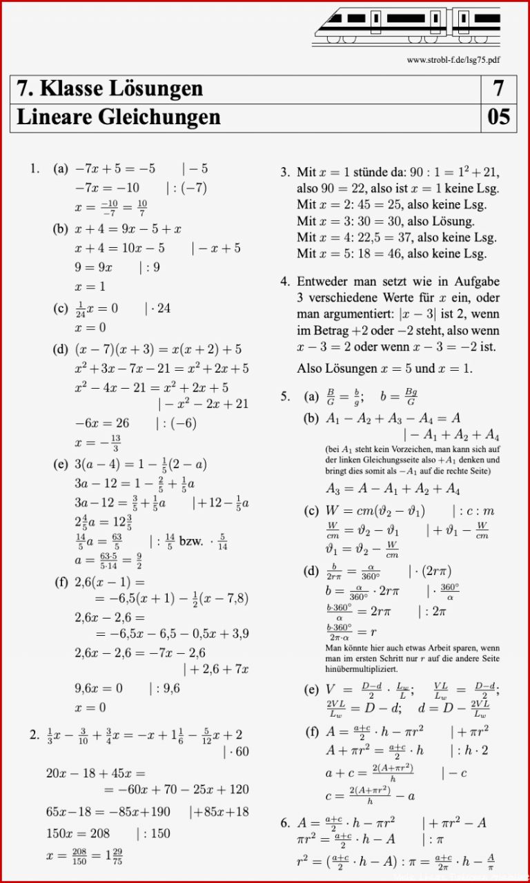 Lineare Gleichungen Übungen und Aufgaben mit Lösungen