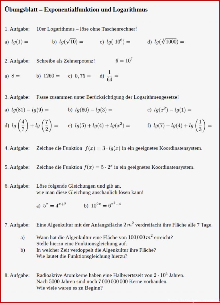 Logarithmusfunktion Lösen Aufgaben Exponetialfunktion