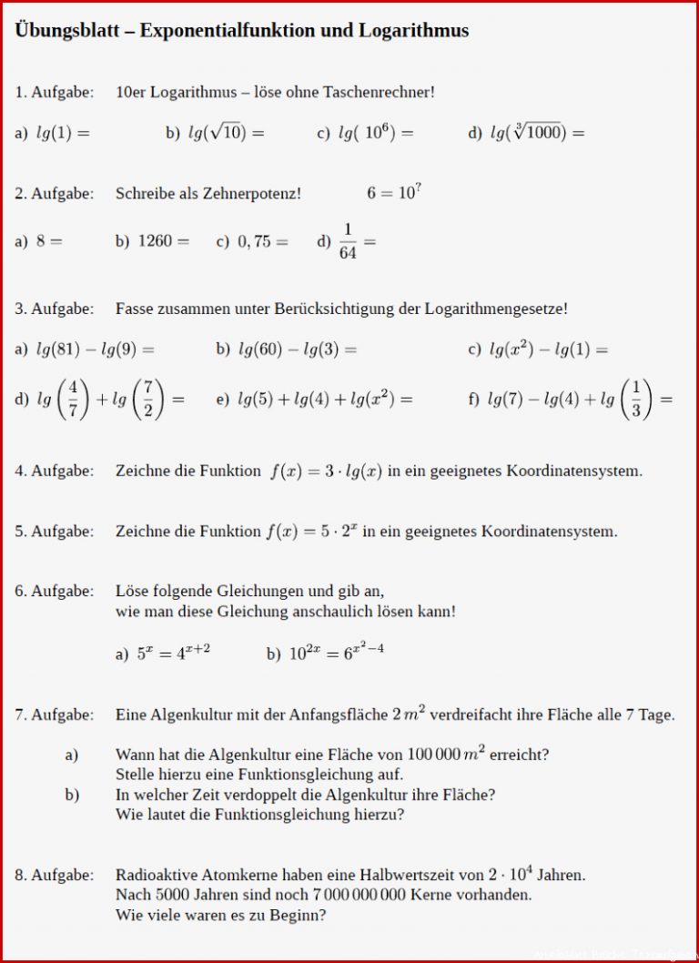 Logarithmusfunktion lösen Aufgaben Exponetialfunktion