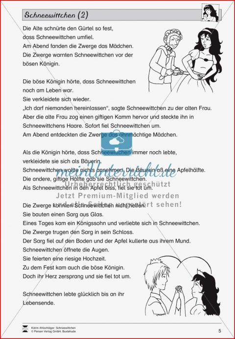 Märchen "schneewittchen" Text Mittelschwer Und Übungen