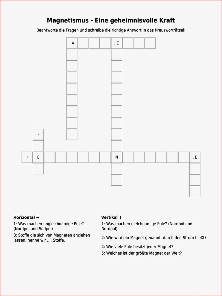 Magnetismus – Eine geheimnisvolle Kraft – Kreuzworträtsel