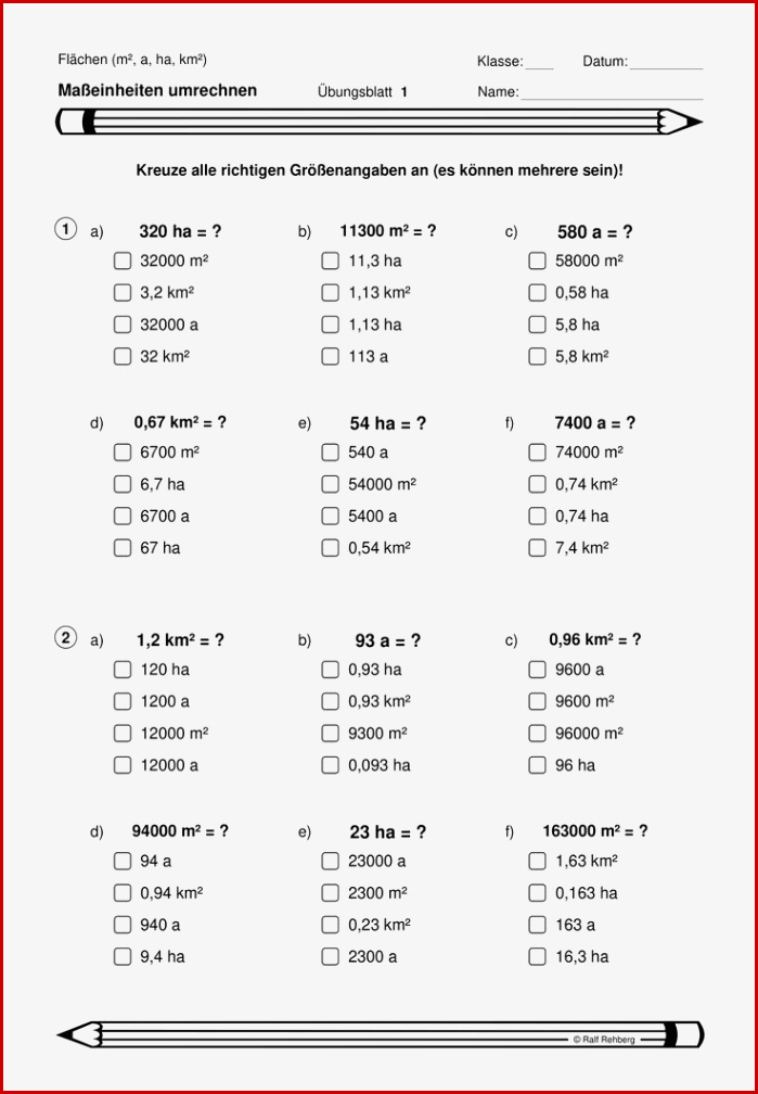 Maßeinheiten Umrechnen Multiple Choice Flächen M² A
