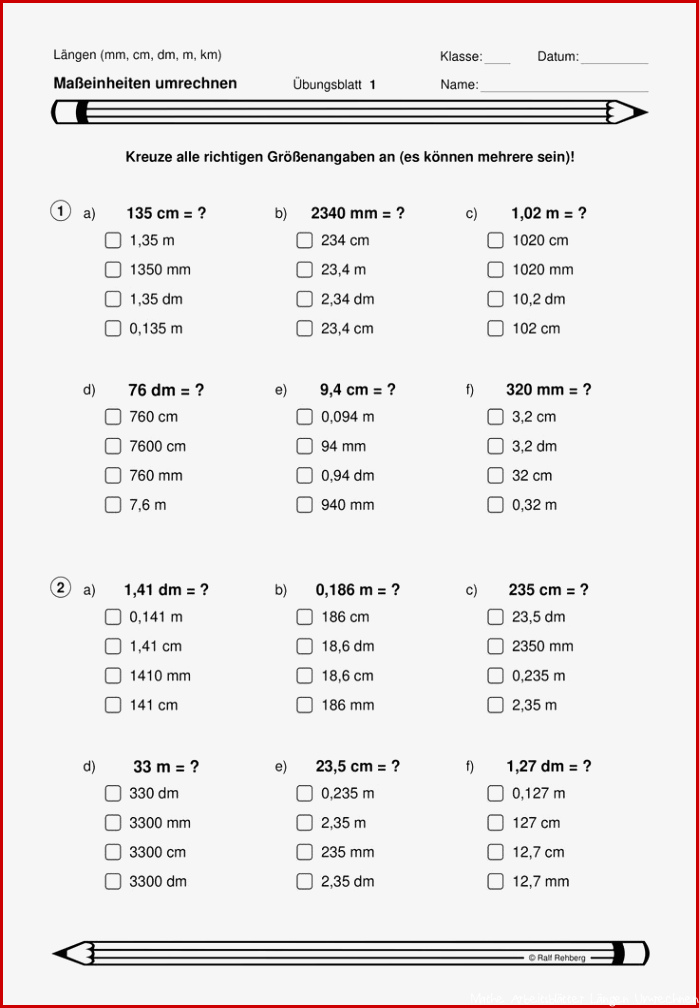 Maßeinheiten umrechnen Multiple Choice Längen mm cm