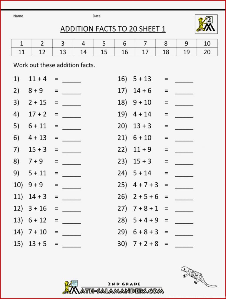 Math Addition Facts to 20 20