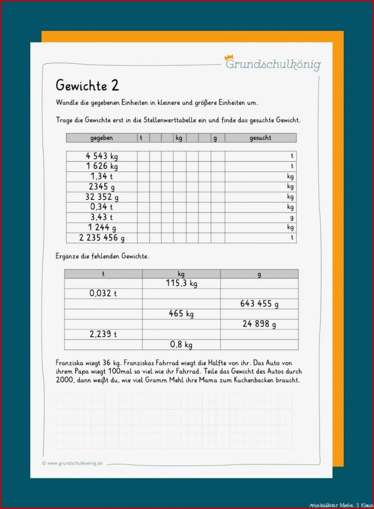 Mathe 3 Klasse Gewichte Arbeitsblätter Kostenlos Worksheets