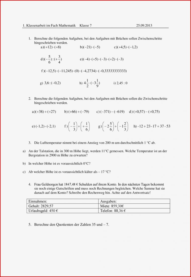 Mathe arbeitsblätter klasse 7 zum ausdrucken rationale