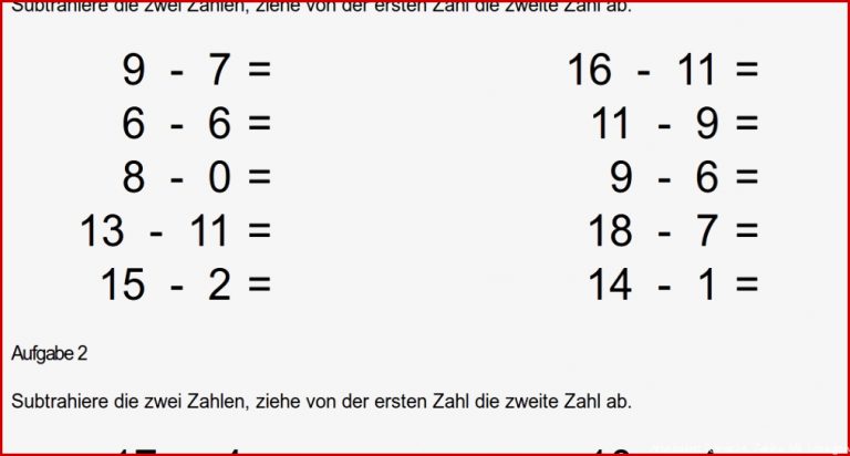 Mathe ist einfach Subtrahieren bis 20 Aufgaben mit