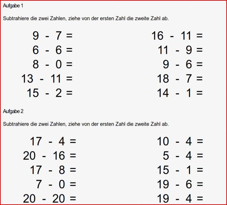 Mathe ist Einfach Subtrahieren Bis 20 Aufgaben Mit