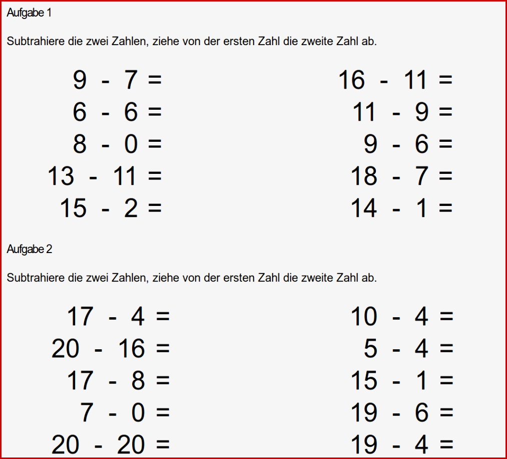 Mathe ist Einfach Subtrahieren Bis 20 Aufgaben Mit