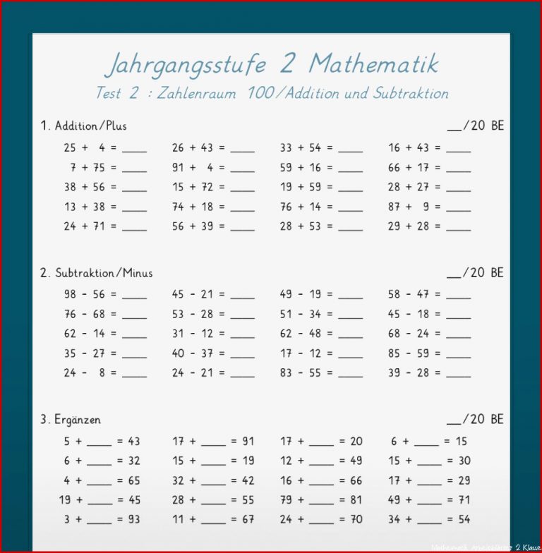 Mathe Jahrgangsstufentest zum Stoff der 2 Klasse