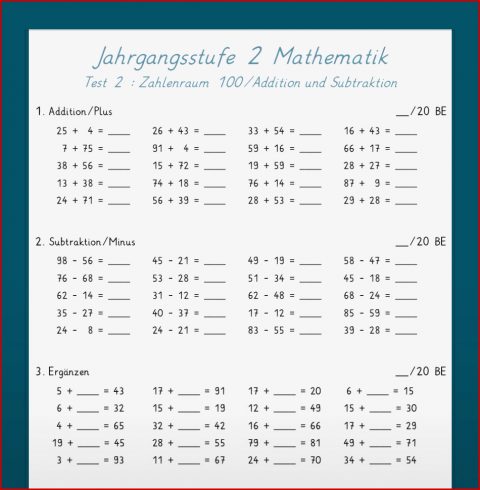 Mathe Jahrgangsstufentest Zum Stoff Der 2 Klasse