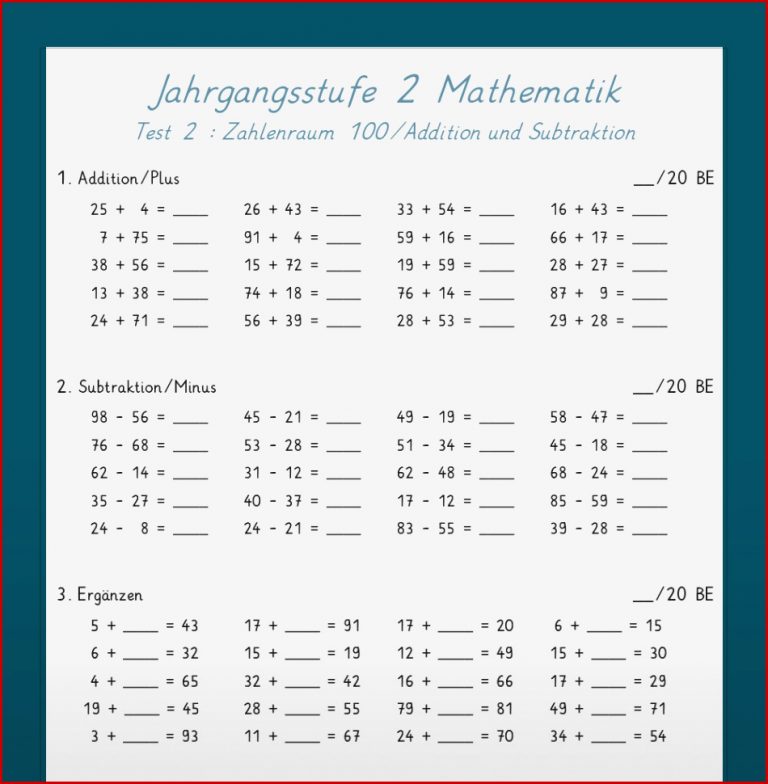 Mathe Jahrgangsstufentest zum Stoff der 2 Klasse