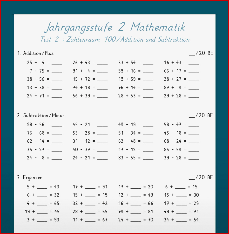 Mathe Jahrgangsstufentest Zum Stoff Der 2 Klasse