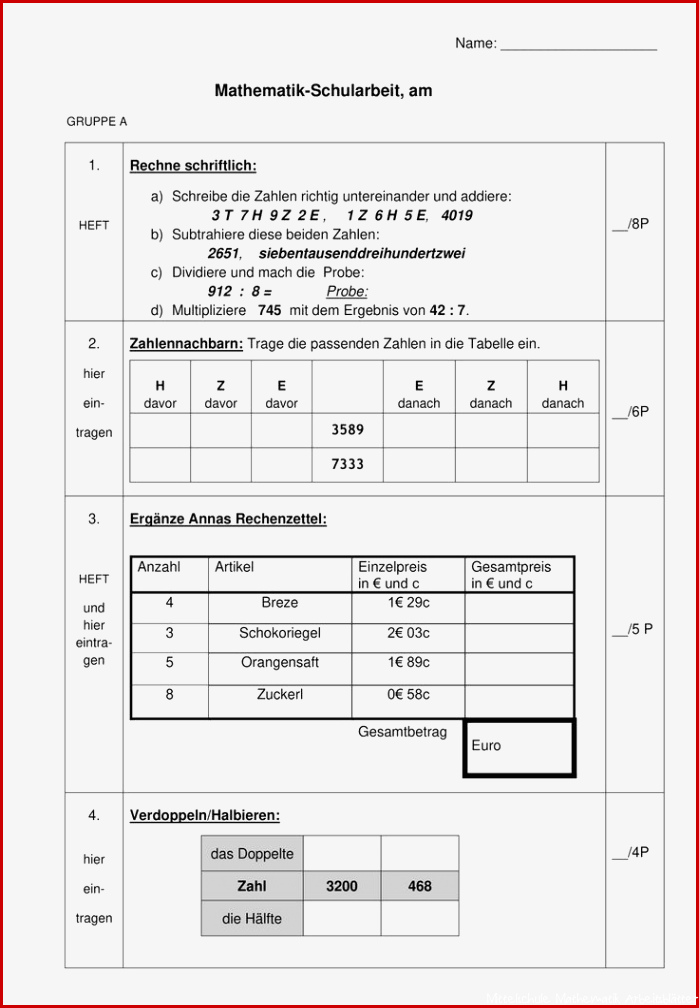 Mathe Schularbeit 2 verschiedene Gruppe A und B