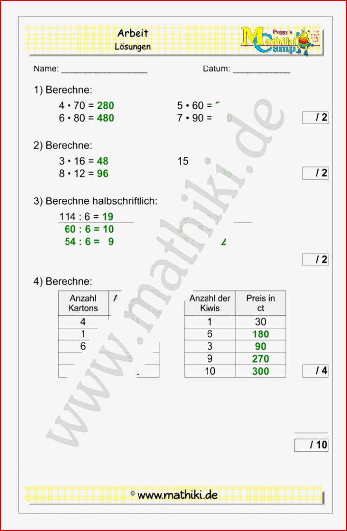 Mathearbeit Klasse 3