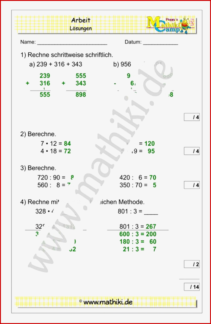 Mathearbeit Klasse 4 Mathiki