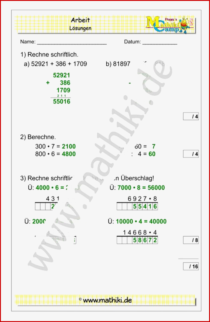 Mathearbeit Klasse 4 Mathiki In 2020