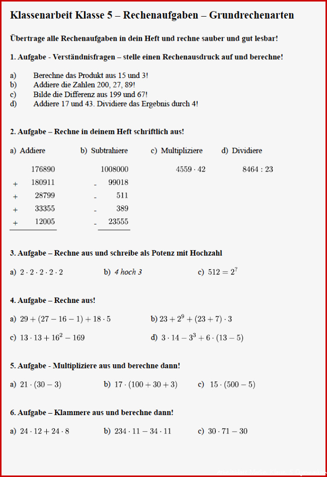 Matheaufgaben Klasse 5 Klassenarbeit Grundrechenarten