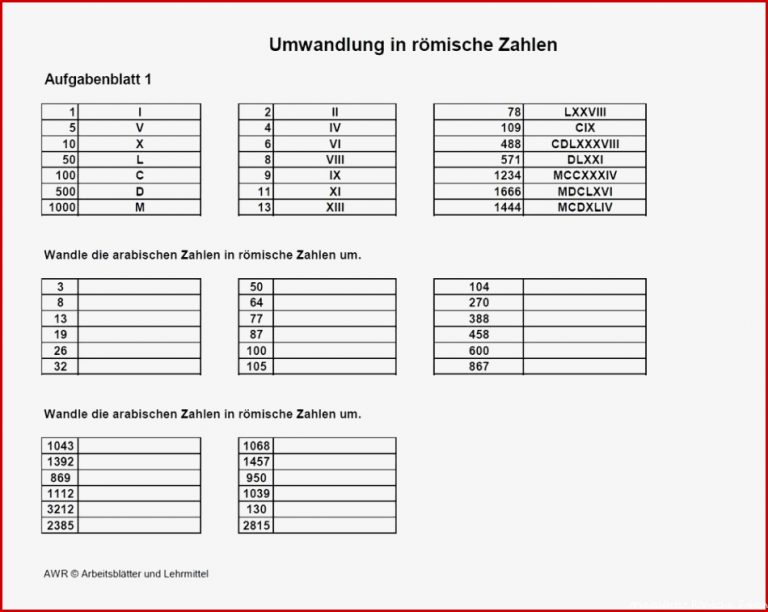 Mathematik 6x arabische Zahlen in römische Zahlen umwandeln