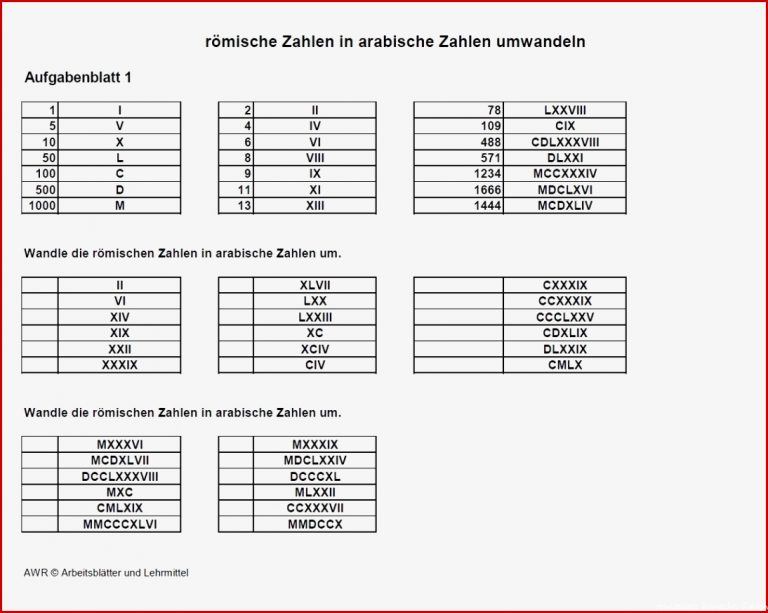 Mathematik 6x römische Zahlen in arabische Zahlen umwandeln