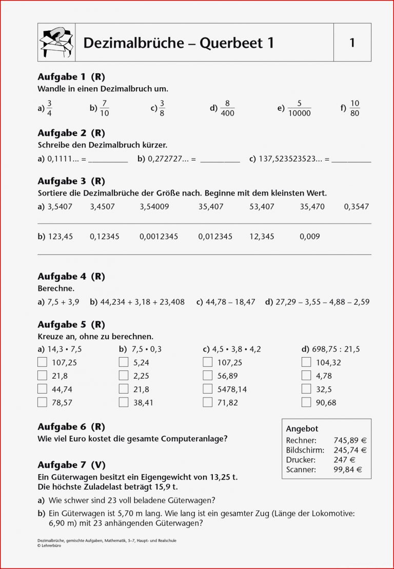 Mathematik · Arbeitsblätter · Haupt & Realschule · Lehrerbüro