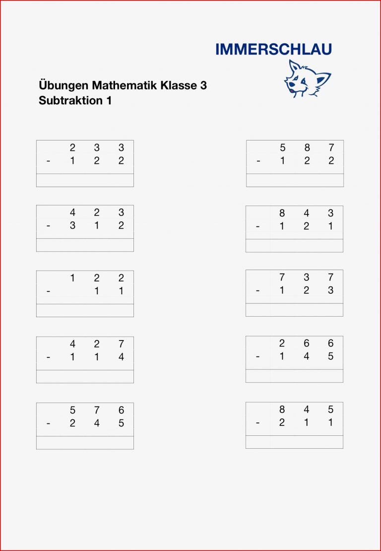 Mathematik Klasse 3 – Übungen zur Subtraktion – IMMERSCHLAU