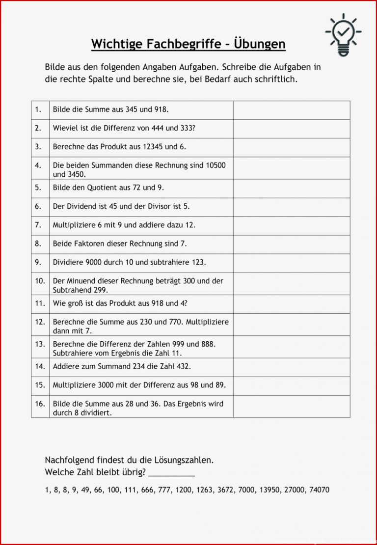 Mathematische Begriffe Grundrechenarten Arbeitsblatt