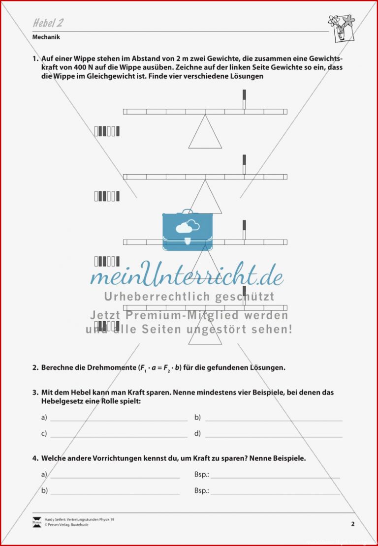 Mechanik Die Hebelgesetze Aufgaben und Lösungen