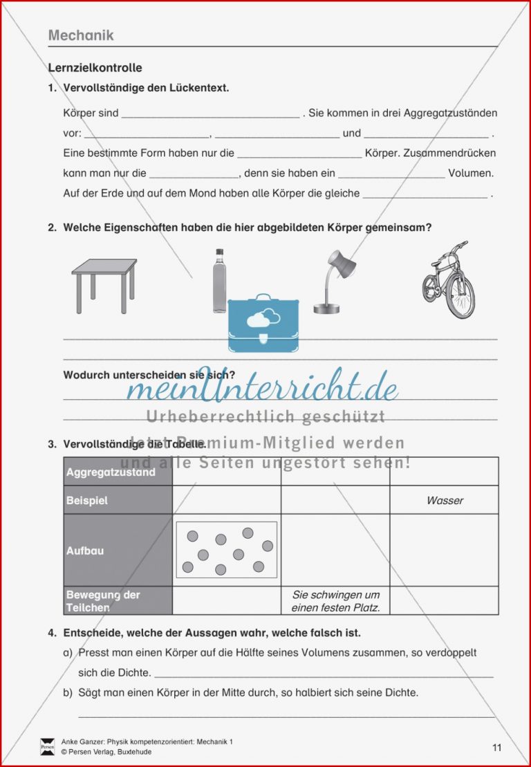 Mechanik Test Lernzielkontrolle über Eigenschaften von