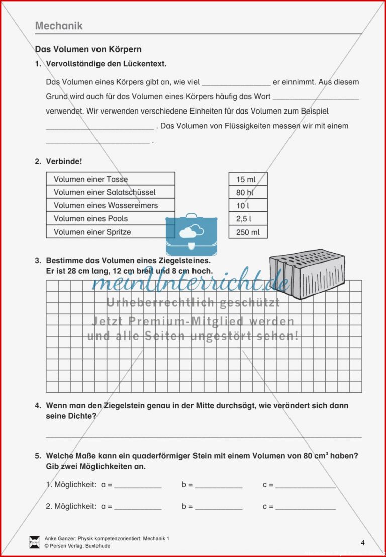 Mechanik Volumen Masse und Dichte eines Körpers