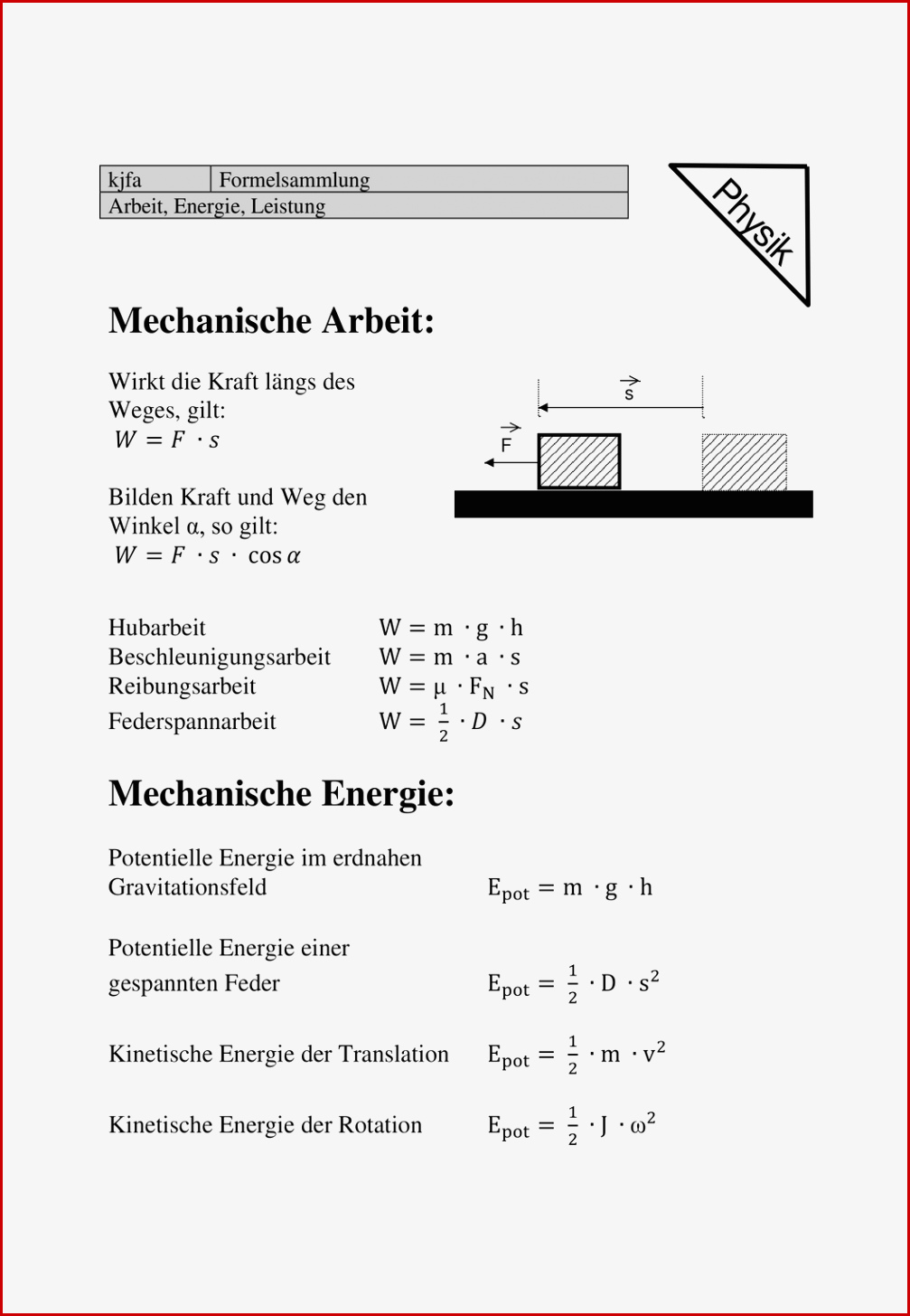 Mechanische Arbeit Arbeitsblatt Mechanische Arbeit