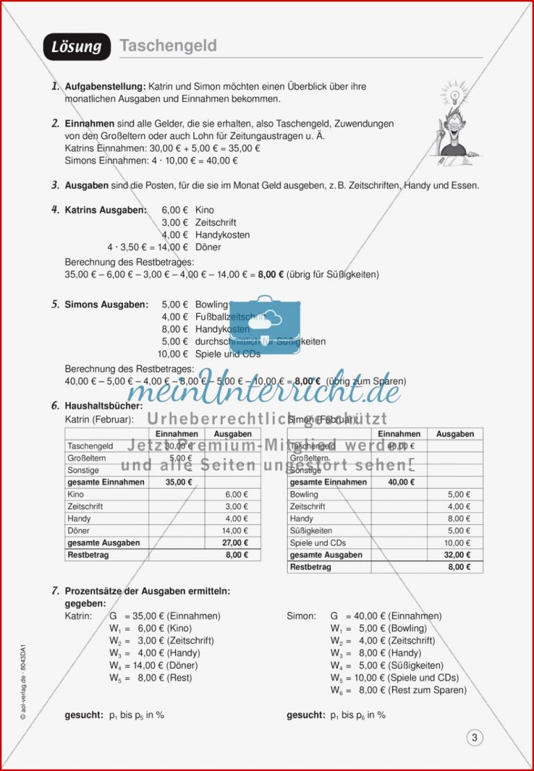 Mein Taschengeld Mathe Übungsaufgaben Mit Lösung