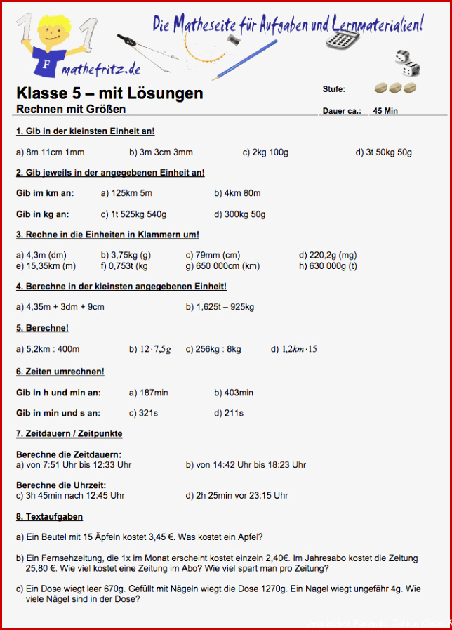 Mit Größen rechnen in Klasse 5 Arbeitsblätter zum Rechnen