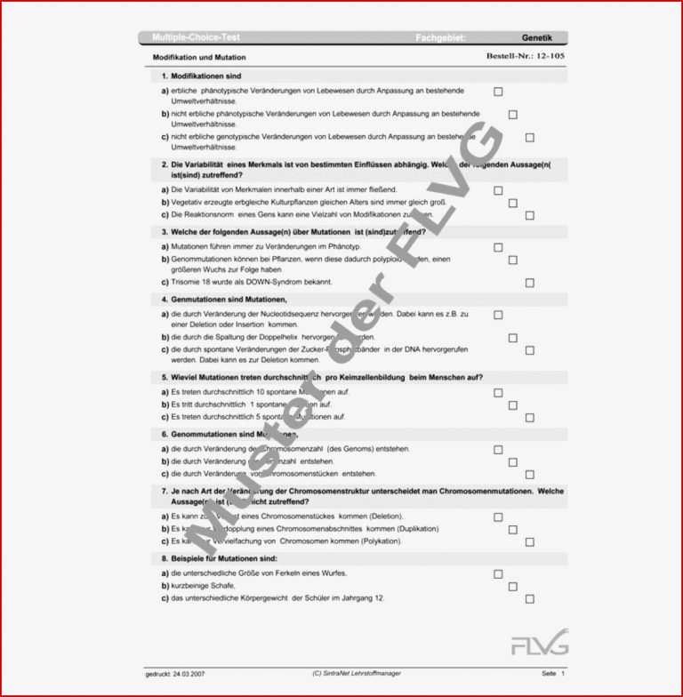 Modifikation und Mutation Multiple Choice Test Klasse 12