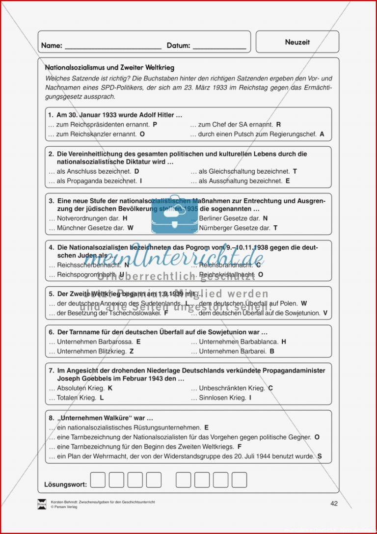 Multiple Choice Rätsel Zum Nationalsozialismus Und Zweiten