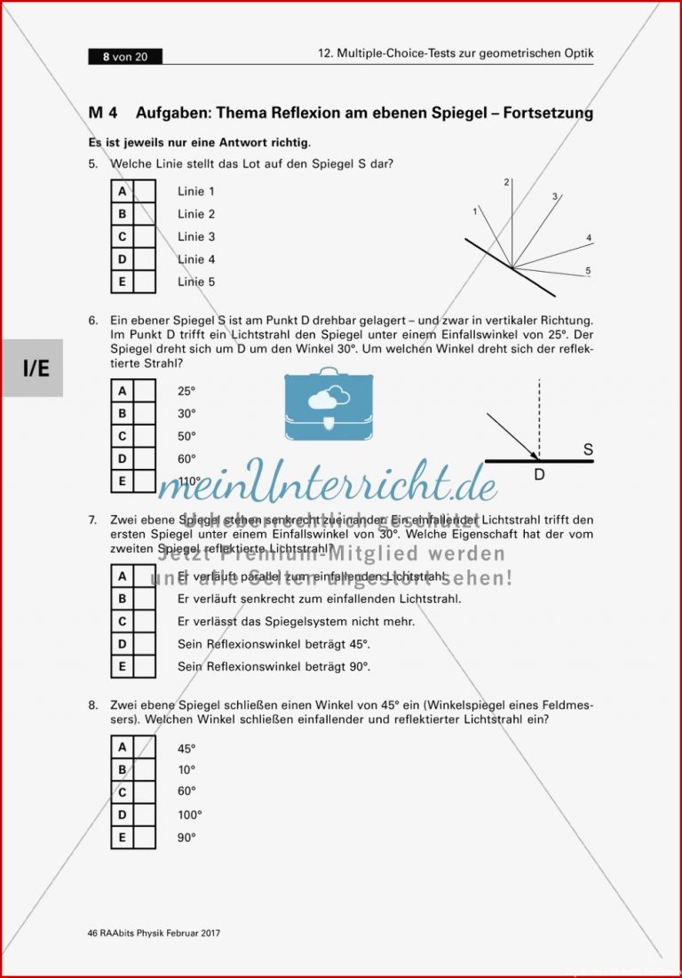 Multiple Choice Test Zum thema Reflexion Am Ebenen Spiegel