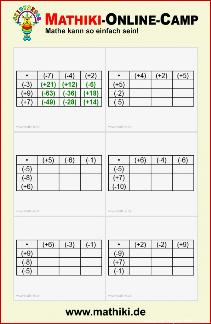 Multiplikation ganzer Zahlen Klasse 5 6 mathiki