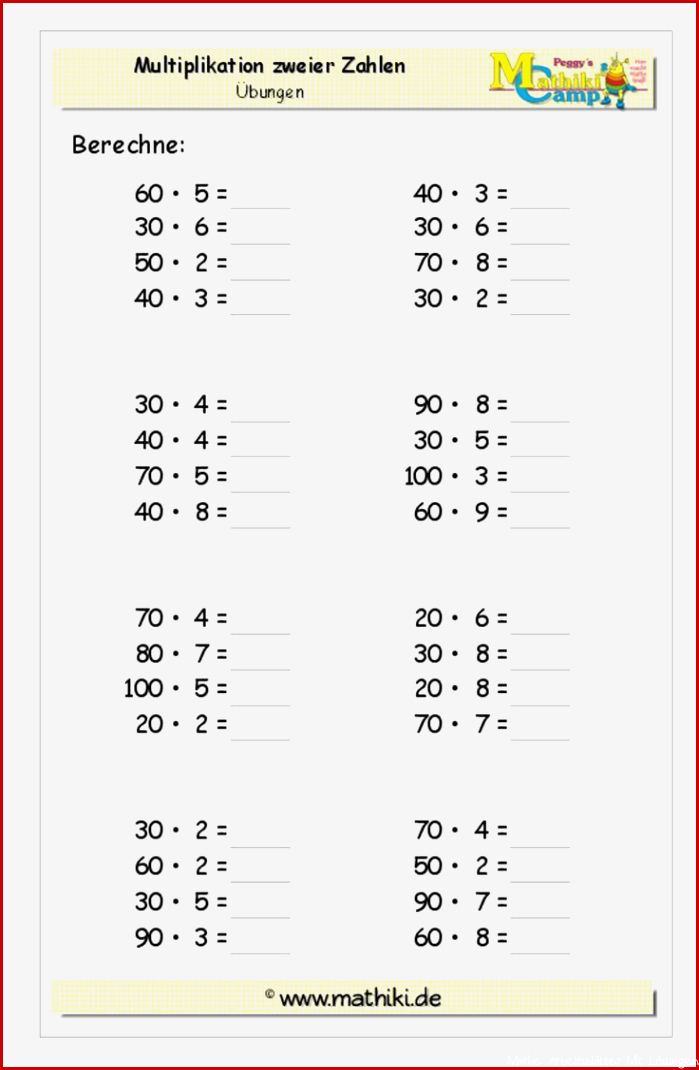 Multiplikation mit Zehnerzahlen Klasse 3 kostenloses