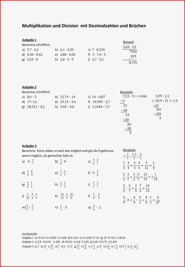 Multiplikation und Division mit Dezimalzahlen und Brüchen