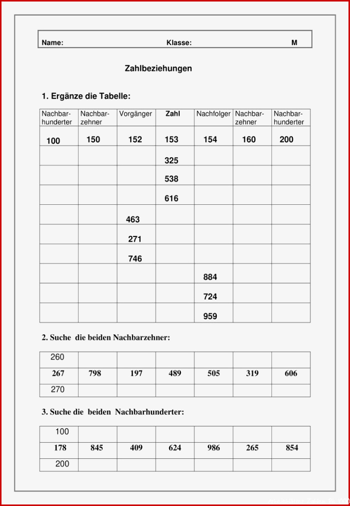 Nachbarzahlen im Zahlenraum bis 1000 – Unterrichtsmaterial